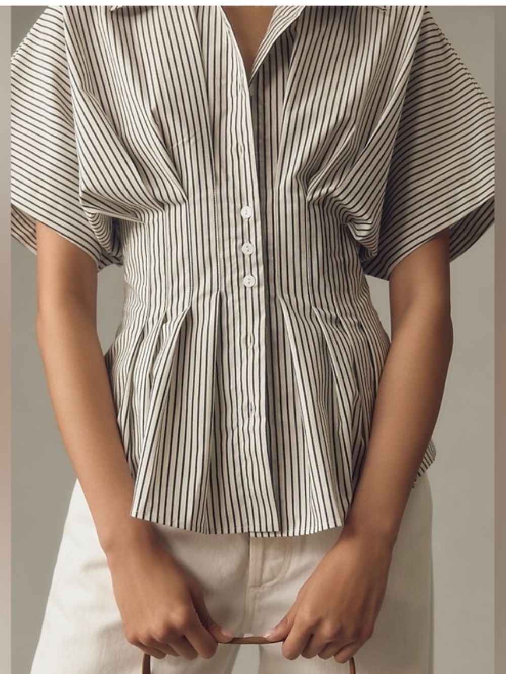 Sold Out Anthropologie / Exquise The Tobie Pleated Short Sleeve Stripe Blouse